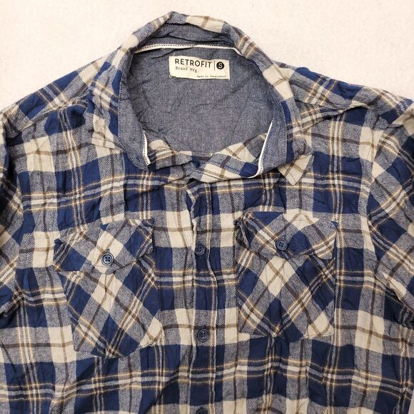 Retrofit Madras Flannel Casual Button Up Shirt Mens Size Small S Blue White - Picture 1 of 10